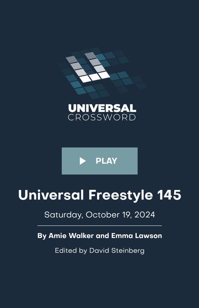 Today's Universal Crossword is by <a href="/Amie_Walker1/">Amie Walker</a> and I! Always a delight to work with her and this one has lots of fun spanners. Canadians, you can do it on the Globe and Mail website: theglobeandmail.com/puzzles-and-cr…