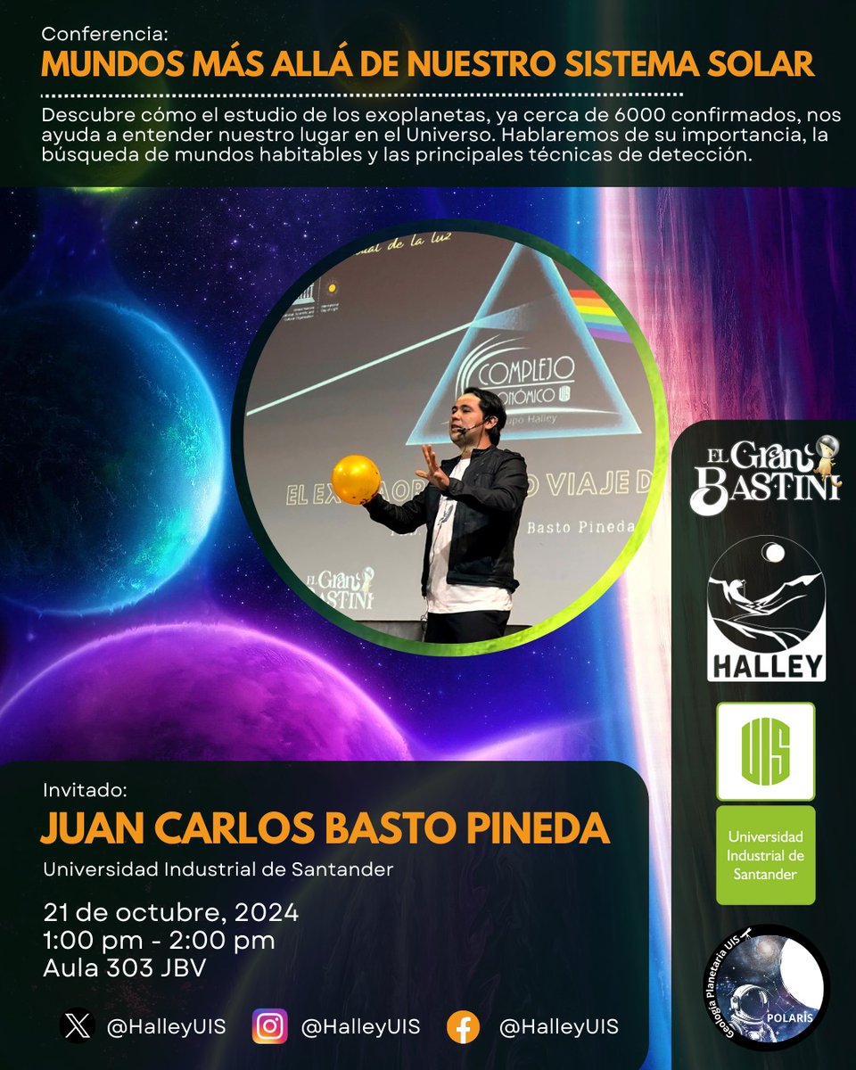 🌌 ¡Ya se han confirmado cerca de 6,000 exoplanetas! 🪐 Únete a esta charla introductoria sobre su importancia 🔭 y el creciente interés por encontrar mundos similares a la Tierra 🌎 en la "zona habitable".

📅 21 de octubre, 2024
⏰ 1:00 pm - 2:00 pm
🏫 Aula 303 JBV