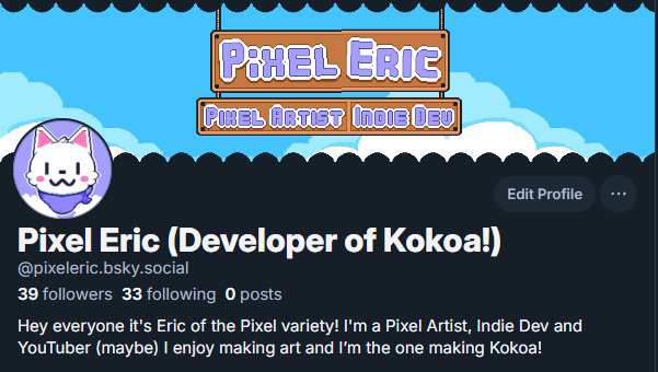 Hey folks, long time no see! Coming out of the game dev mines to tell you I'm on the blue side as well! I'll try to keep posts consistent for both but it's uncertain.

Follow me over there for more #kokoaGAME updates and whatever else I do! Just in case. See you all there!