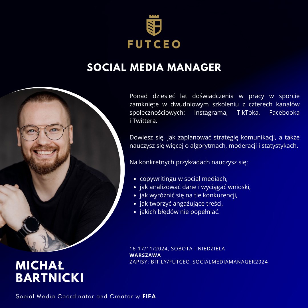 𝗙𝗨𝗧𝗖𝗘𝗢: Social Media Manager  

📲✨🚀 Zastanawiasz się, jak Twój profil może wygenerować ponadprzeciętne wzrosty w 2025? 📈 Jak stać się jeszcze lepszym i dowozić 🔝 content?

Zapisz się i podnieś swoje kompetencje:

🗓️ 16-17 listopada
👨‍🏫<a href="/MichalBartnicki/">Michał Bartnicki</a>
📩 biuro@futceo.pl