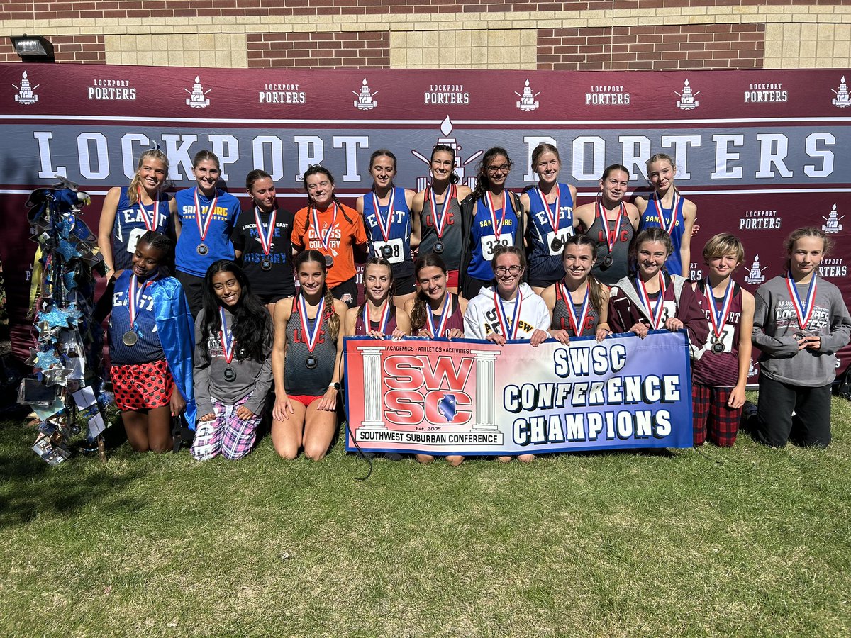 CoachSchultzy's tweet photo. The Lockport Girls Varsity XC Team took home the Southwest Suburban Conference Championship trophy today! Our Frosh/Soph team looked fantastic, as well, placing 4th! So proud of this group! @lthsathletics @LockportHS205 https://t.co/y78lYLW0N4