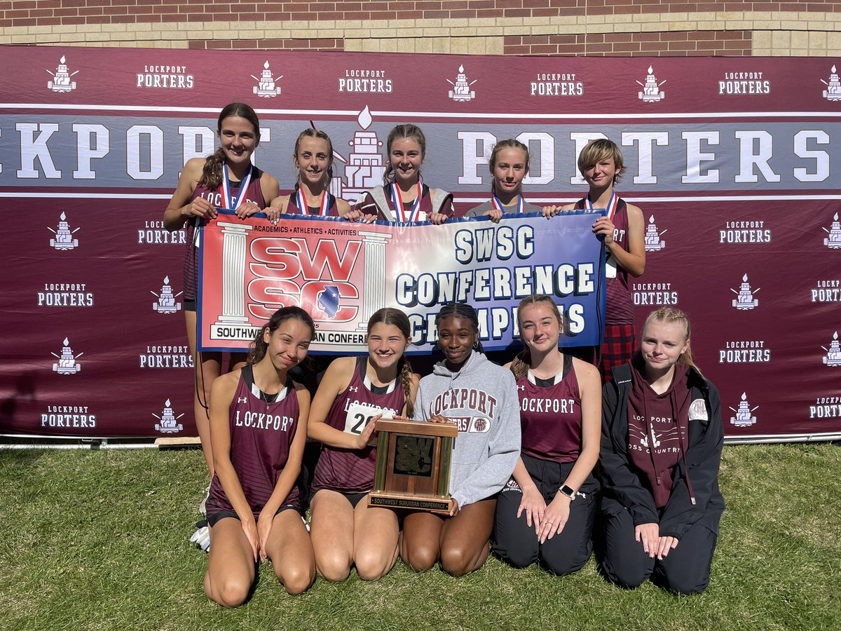 CoachSchultzy's tweet photo. The Lockport Girls Varsity XC Team took home the Southwest Suburban Conference Championship trophy today! Our Frosh/Soph team looked fantastic, as well, placing 4th! So proud of this group! @lthsathletics @LockportHS205 https://t.co/y78lYLW0N4