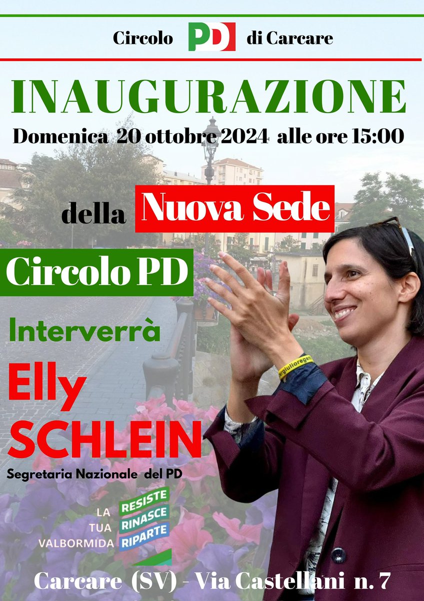 RodolfoMirri1's tweet photo. Carcare (SV): all’Inaugurazione del nuovo Circolo PD interverrà la Segretaria Nazionale Elly Schlein 
#EllySchlein  
#PartitoDemocratico 
#PD #carcare https://t.co/zwZSKqy0BF
