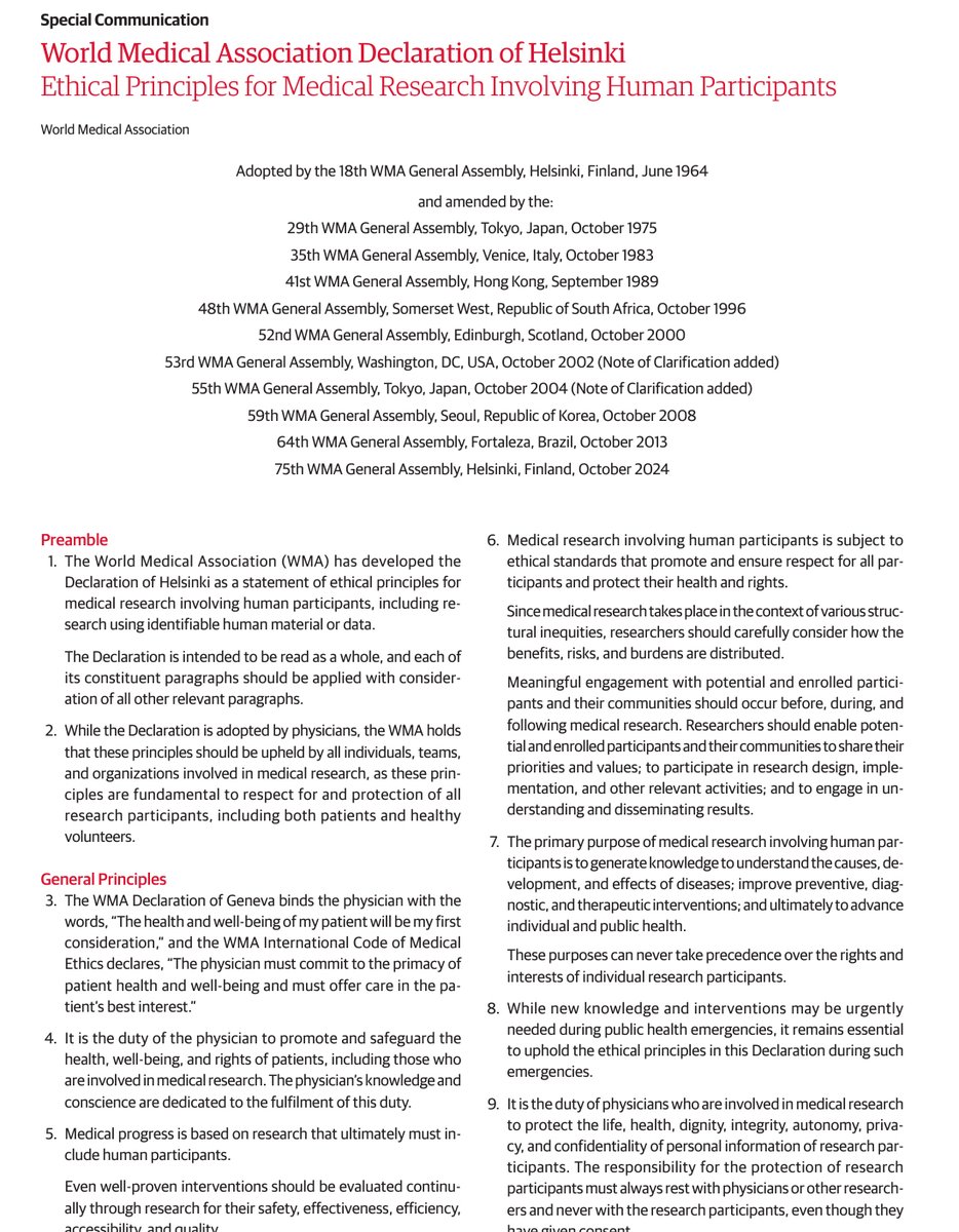 Actualización 2024 de la declaración de Helsinki por la World Medical Association.
➡️Principios éticos para la investigación médica que involucre participantes humanos. 👇
Referencia: doi:10.1001/jama.2024.21972