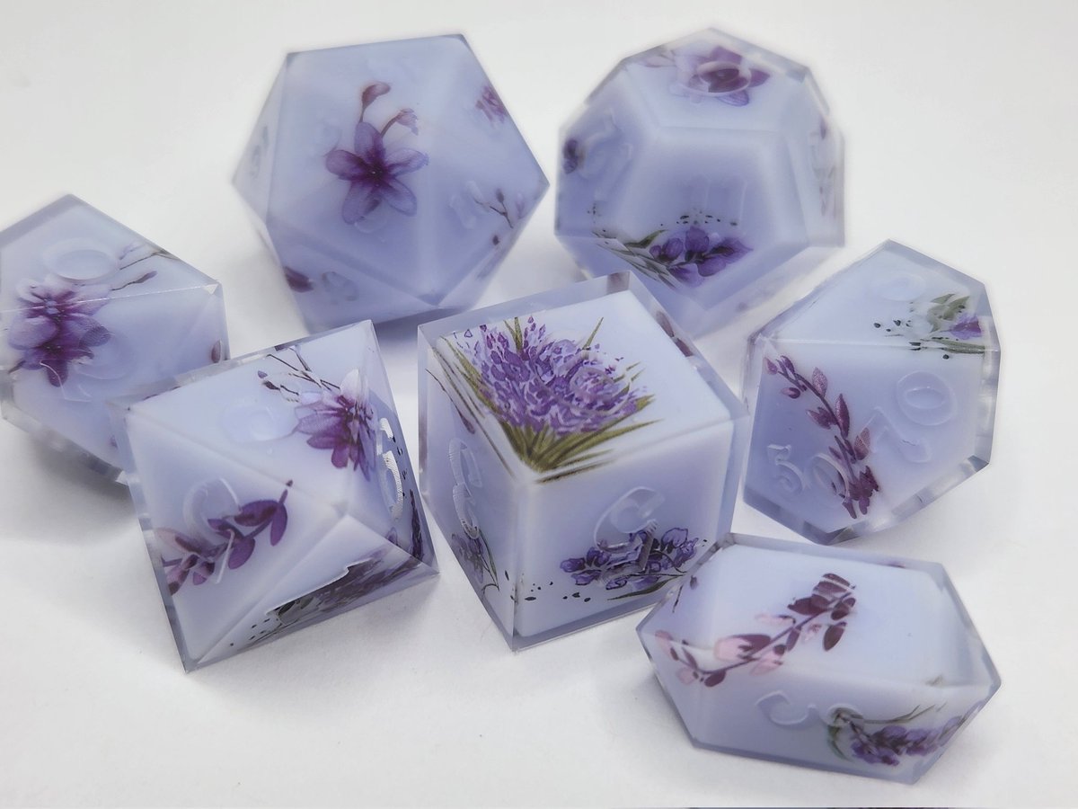 Sinnamon_Dice's tweet photo. Lavender Breeze Dice Set 
#dnd #ttrpg #handmadedice #dice #dungeonsanddragons https://t.co/xr33ZTykYe