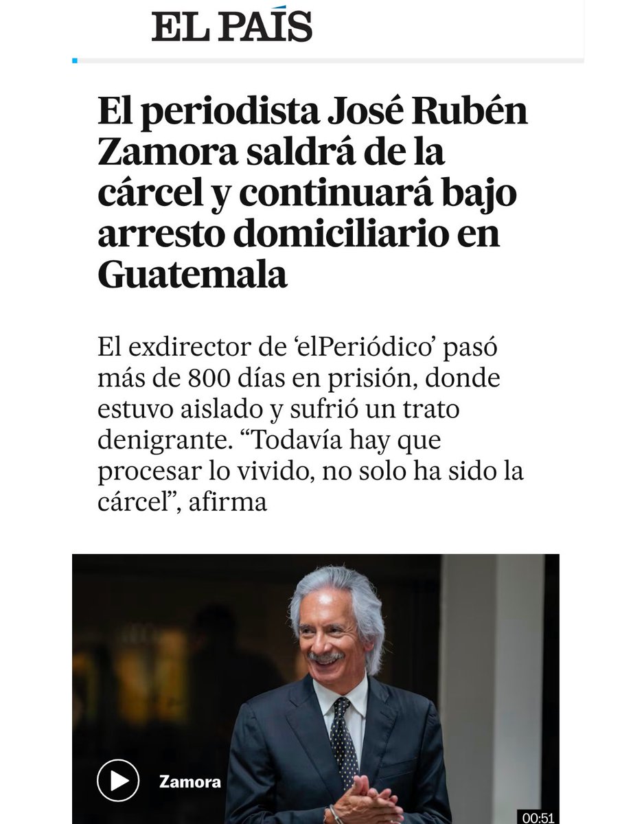 >> Mi papá, el periodista #JoseRubénZamora saldrá de la cárcel: el exdirector de ‘elPeriódico’ pasó más de 800 días en prisión, donde estuvo aislado y sufrió un trato denigrante. “Todavía hay que procesar lo vivido, no solo ha sido la cárcel”, afirma. elpais.com/america/2024-1… Por