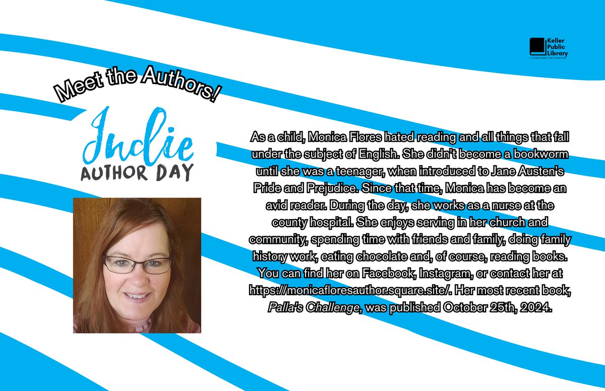 Hey y'all!  We're going to be doing a series of posts about our guest authors on our panel for Indie Author Day 11/2 @ 2:30 PM! First up is Monica Flores, who is also president of the Keller Writer's Association! Check her out @ amazon.com/stores/author/…! #somethingforeveryone