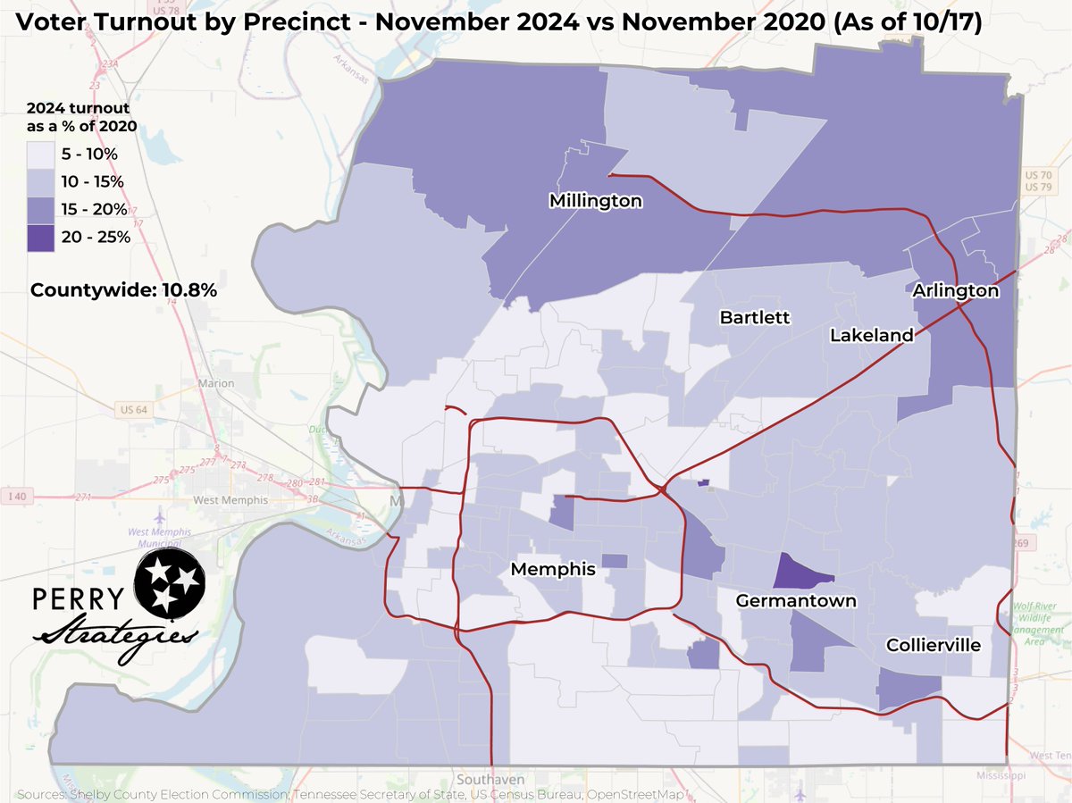 ColePerryTN's tweet photo. It's election time in Shelby County! Through 10/17, @ShelbyVote recorded 41,301 voters. That's 10.8% of November 2020's total. Highest relative turnout in northern parts of the county, specifically Millington and Arlington. #Vote901 https://t.co/ze2yLfcoTg