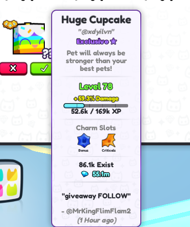 🧁 Huge Cupcake - Pet Simulator 99 Giveaway 🧁

Requirements:
- Follow <a href="/Der3_Al3arab/">Der3_Al3arab</a> &amp; @Ftphantm 👥
- Like ❤ &amp; Retweet ♻
- Comment your Username 💬

Ends in 2-3 Days