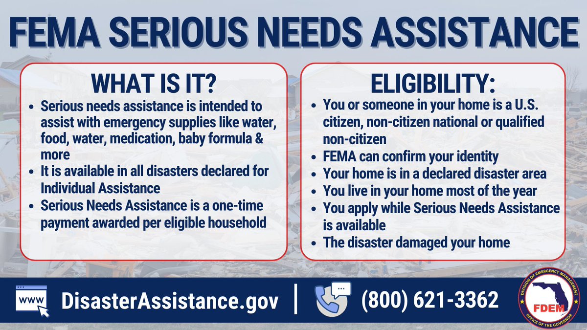 FLSERT's tweet photo. Hurricane survivors may be eligible for Serious Needs Assistance — a one-time payment awarded per eligible household that could help with emergency items such as water, food, medication, baby formula & more.

⬇️ Read about Serious Needs Assistance below and visit https://t.co/dmBLOHglUZ to apply.