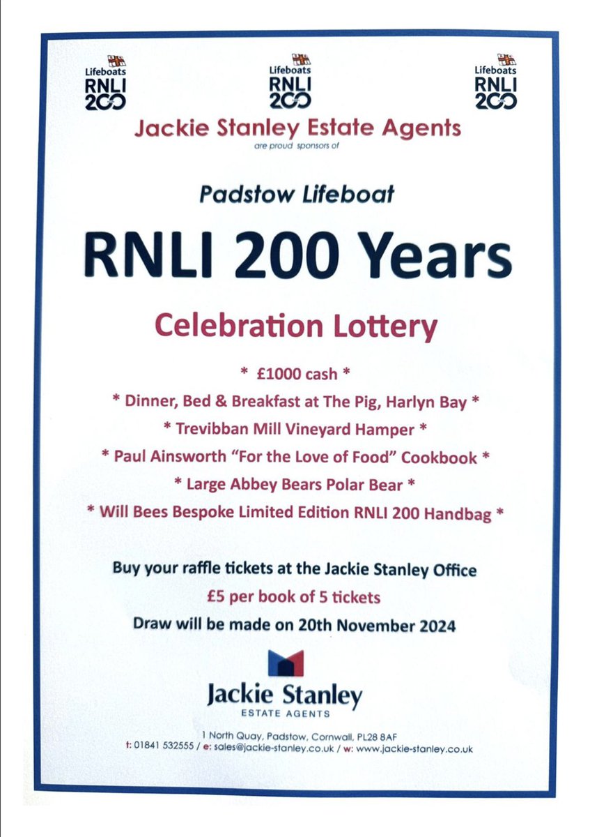 As part our RNLI 200th celebrations, we have a fantastic raffle!  £5 for a book of five tickets available from <a href="/JackieStanleyEA/">Jackie Stanley</a> in Padstow.

Epic prizes up for grabs - you’ve got to be in it to win it! The draw will take place on the 20 November. 

#RNLI  #RNLI200