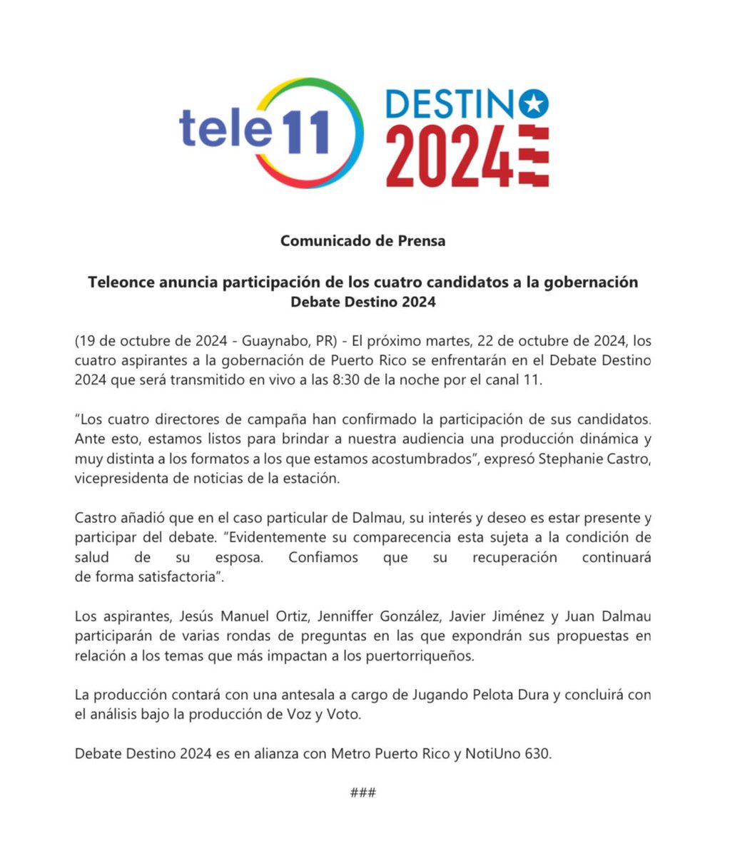 Confirmado el Debate de los Candidatos a la Gobernación el próximo martes 22 de octubre por <a href="/tele11PR/">TeleOnce Puerto Rico</a>