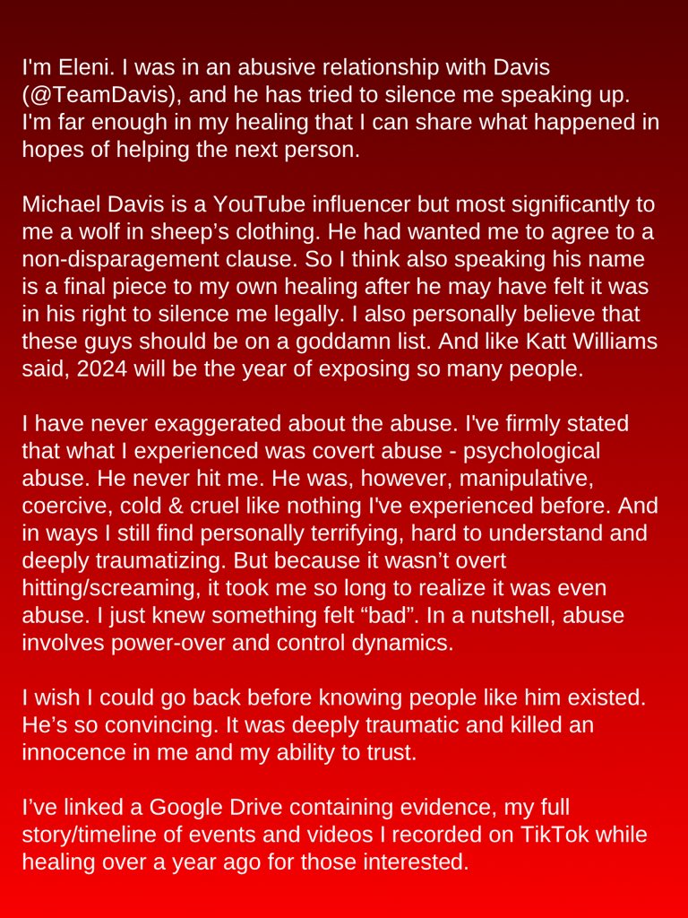 EleniExp's tweet image. I was in a psychologically abusive relationship with Davis @TeamDavis and he has tried to silence me speaking up.
I&apos;m far enough in my healing that I can share what happened in hopes of helping the next person.

Evidence: drive.google.com/drive/folders/…