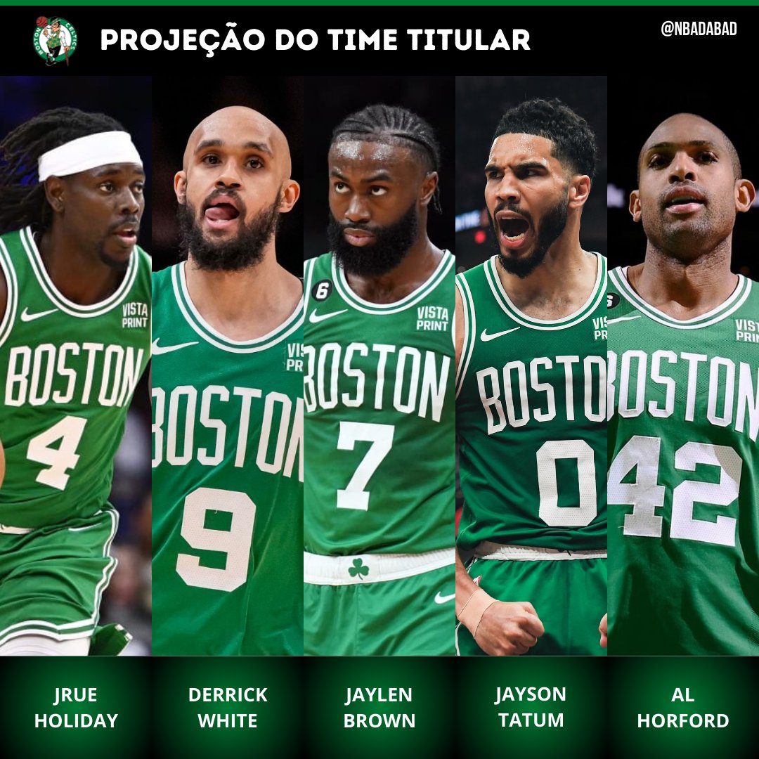 NBAdabad's tweet image. BOSTON CELTICS:

- Jrue Holiday
- Derrick White 
- Jaylen Brown
- Jayson Tatum
- Al Horford

Lembrando que Kristaps Porzingis só volta, no mínimo, em dezembro.