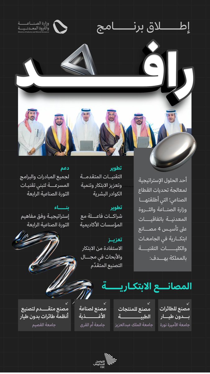 منها مصنع للطائرات بدون طيار في جامعة الأميرة نورة، ومصنع لصناعة الأغذية في جامعة أم القرى؛ 4 مصانع ابتكارية ضمن برنامج "رافد". #التواصل_الحكومي