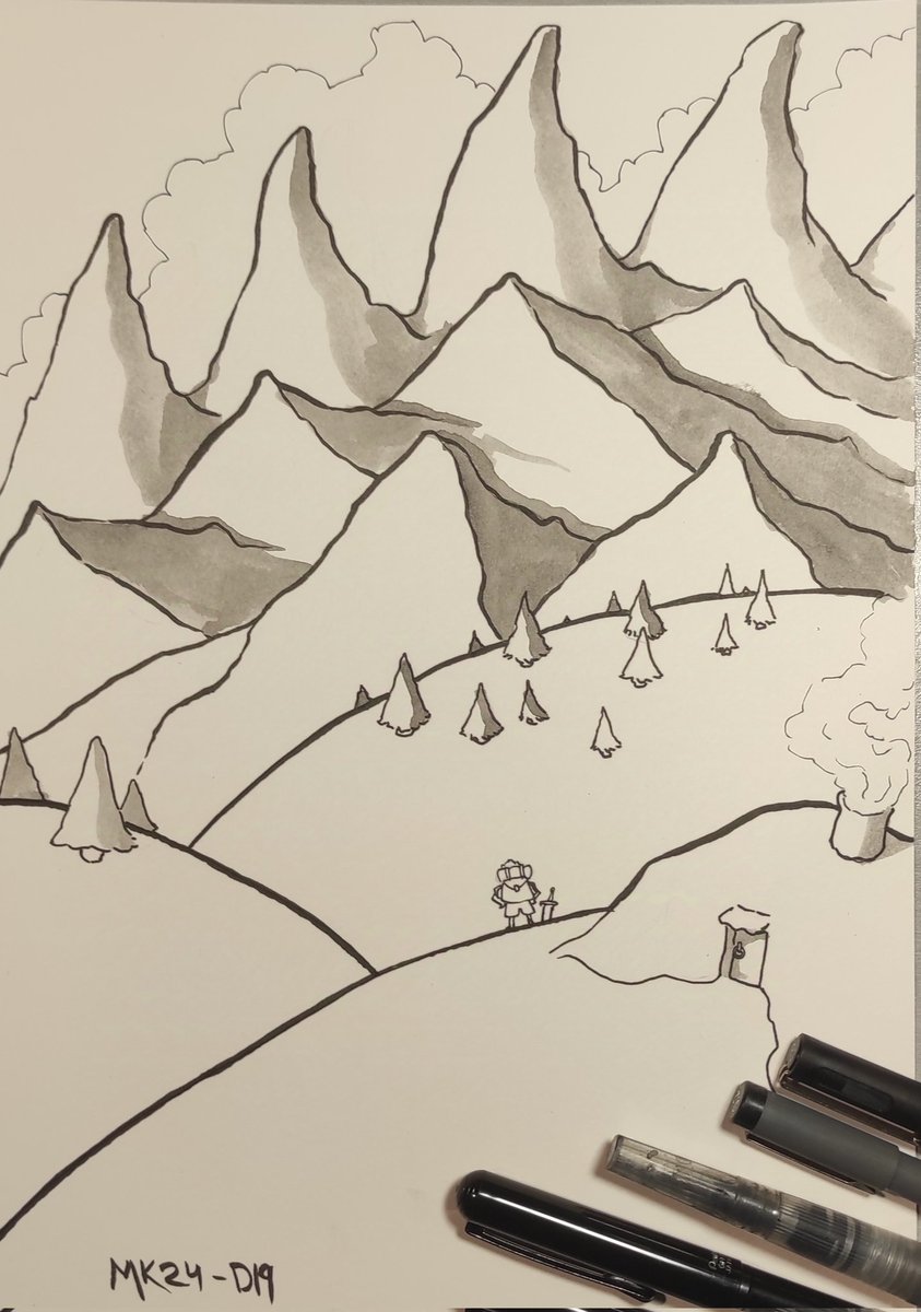 markusfreaker's tweet photo. Día 19, cresta. Montañas, montañas y más montañas. #inktober2024 #ridge #hobbit #snow #travel #mountains #path #solitude #savage #ink #bnw #adventure #rpg #drawing https://t.co/sEfoPq8mim