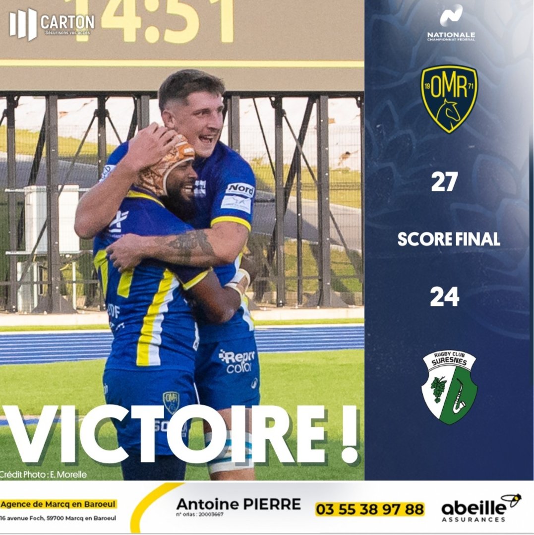 VICTOIRE DE L'OMR ! 💛💙
Nos Jaune et Bleu ressortent vainqueurs d'une bataille acharnée !