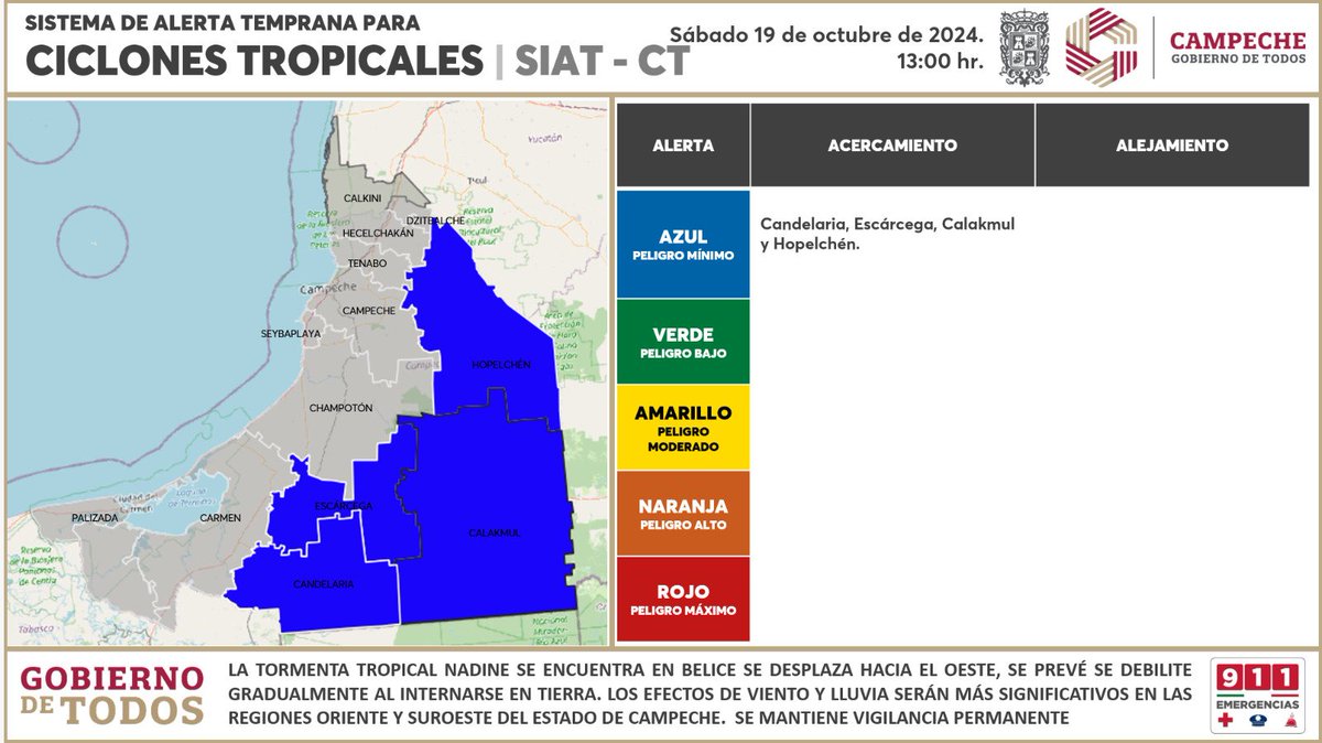 Continuamos en Alerta AZUL de Acercamiento
Se invita a la población a estar atentos de los avisos oficiales y de sus autoridades del municipio.
 #ProtecciónCivilDeTodos #CampecheGobiernoDeTodos