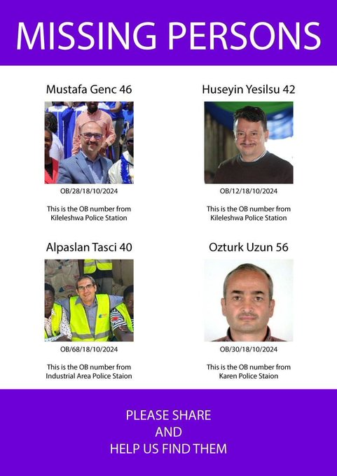 These 4 Turkish nationals kidnapped in Kenya in daylight yesterday morning..
It is over 36 hours now and wherebouts still unknown.
Erdogan regime is behind the abductions.
Erdogan regime keeps defying international laws!!
DörtTürk KenyadaKaçırıldı
#EmergencyKenya