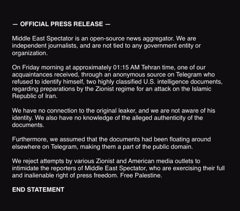 Our official statement regarding the leak of two classified U.S. documents.