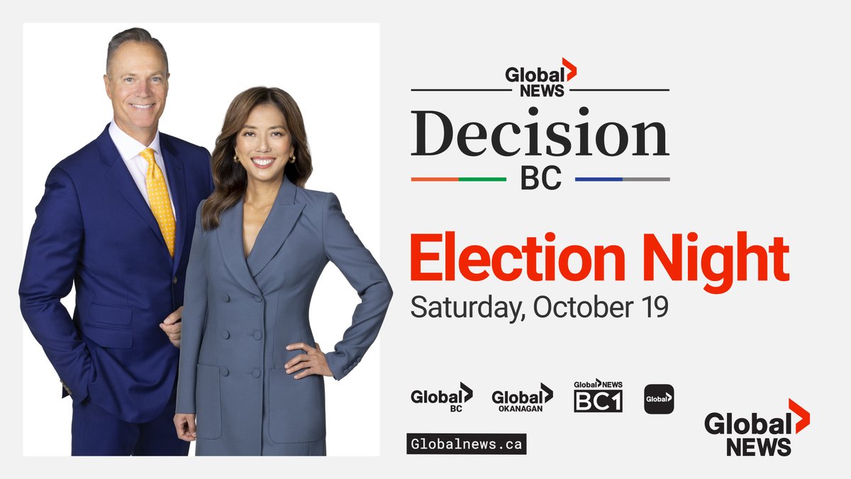 Join us for comprehensive election coverage - starting with the News Hour at 6 and continuing with Decision BC through to 11:30 p.m. Catch us on <a href="/GlobalBC/">Global BC</a> BC1 <a href="/GlobalOkanagan/">Global Okanagan</a> globalnews.ca <a href="/cknw/">CKNW</a> and streaming platforms. Everywhere! #bcpoli