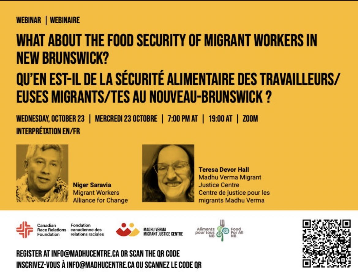 Learn more about food insecurity faced by migrant workers in New Brunswick at our upcoming webinar on October 23rd, 7:00PM ADT. 

Register here: zeffy.com/en-CA/ticketin…