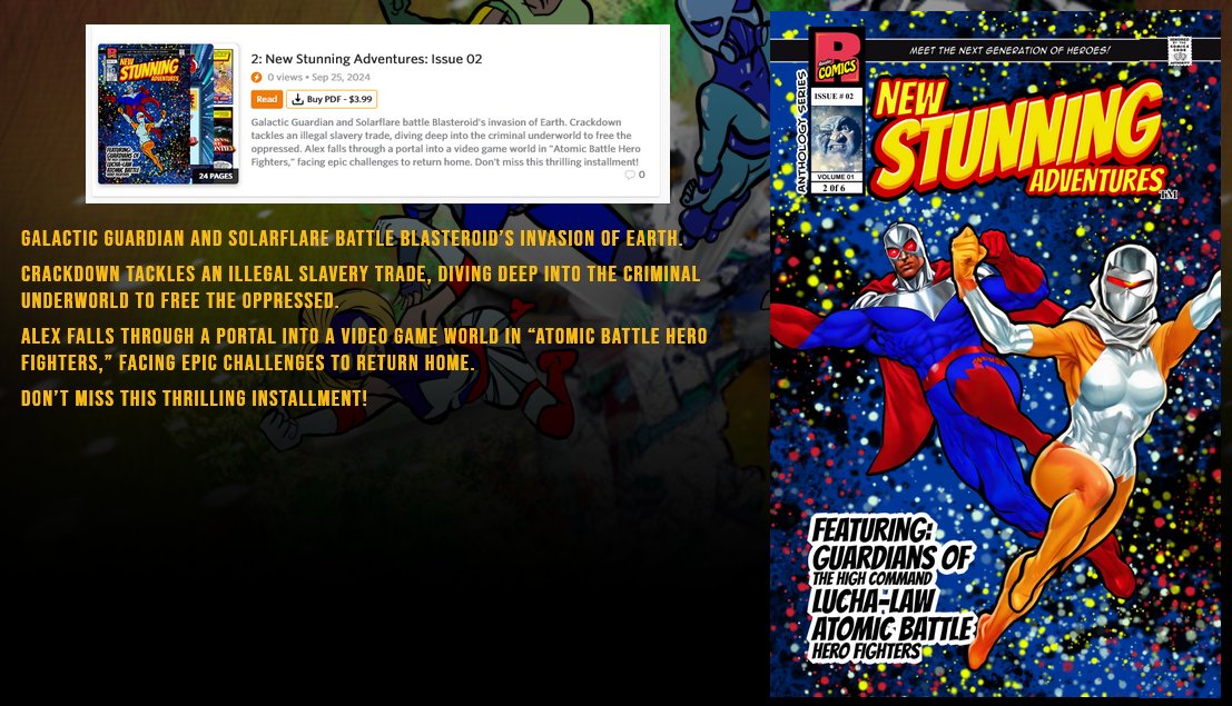 RosalesComics's tweet photo. #rosalescomics #stunningadventures #globalcomix
Galactic Guardian and Solarflare battle Blasteroid’s invasion of Earth.
Crackdown tackles an illegal slavery trade, diving deep into the criminal underworld to free the oppressed.
Alex falls through a portal into a video game world in “Atomic Battle Hero Fighters,” facing epic challenges to return home.
Don’t miss this thrilling installment!
@globalcomix @DanielMRosales @RosalesToons @BenCoGames 
https://t.co/XgQ7OJPvFc