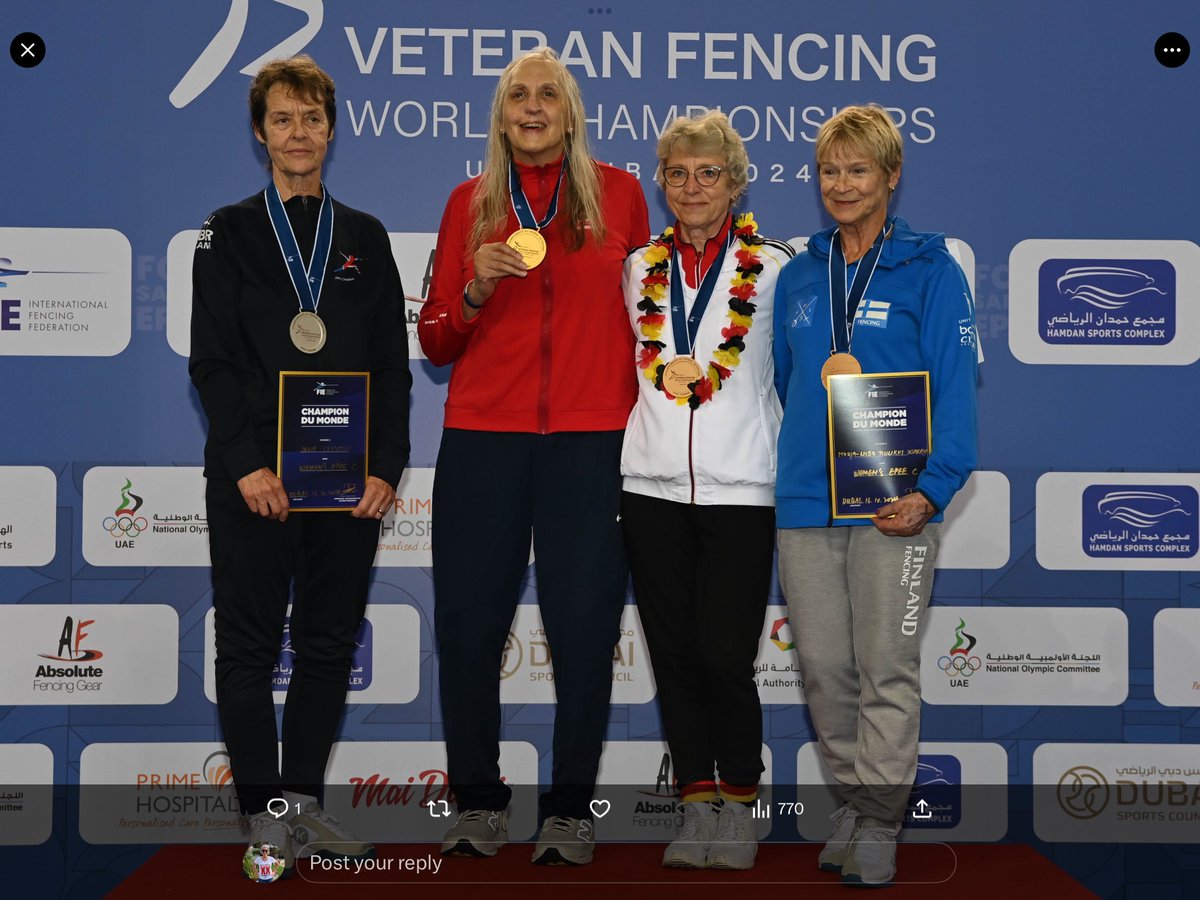 WomensRightsNet's tweet photo. One of Britain’s top female fencers has lost out on a Gold medal at the World Masters Fencing Championships in Dubai due to rules that include males in the female category. 

Jane Clayton won a silver medal in the over 70s women’s Épée event. Her opponent in the final bout was Elizabeth Kocab, an American male who identifies as a woman. There were 37 entries in the event which meant all the women were pushed down the rankings, including another GB woman Janet Baron, who would have gone home with a Bronze medal had the rules been fair. 

The International Fencing Federation @FIE_fencing follows 2015 Olympic Guidelines which allow males to compete in female categories if they reduce their testosterone to <10nmol/l. The @BritishFencing guidelines allow males at any age to self-identify into the female category subject to confirmation by the fencing medical officer. 

Women and girls who take up fencing do not have fair sport at any age or any level of competition.