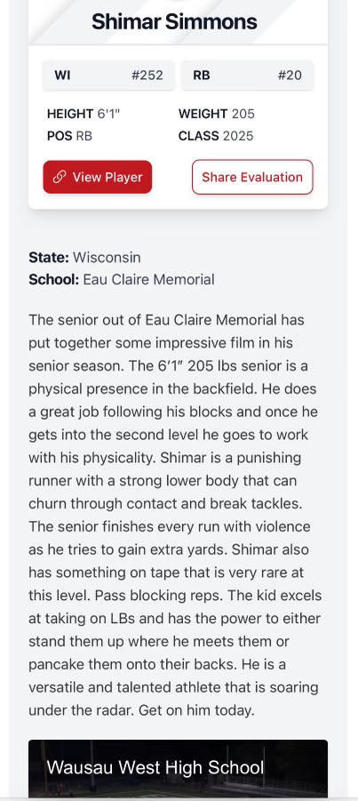 Shimar Simmons ‘25 | RB (@shimar_simmons) on Twitter photo Thanks <a href="/MJ_NFLDraft/">Mark Johnson</a> for the writeup!! Excited to meet with coaches and find a great fit at the next level‼️
Season Stats (9 games) - WI D1 football:
Carries 178
Yards 918
YPC 5.2
TDs 9
Rec 16
RecYds 82
2pm 7
APY 1000
<a href="/ecmfootball/">Eau Claire Memorial Football</a> <a href="/travisWSN/">Travis Wilson</a> <a href="/MJ_NFLDraft/">Mark Johnson</a> Thanks <a href="/MJ_NFLDraft/">Mark Johnson</a> for the writeup!! Excited to meet with coaches and find a great fit at the next level‼️
Season Stats (9 games) - WI D1 football:
Carries 178
Yards 918
YPC 5.2
TDs 9
Rec 16
RecYds 82
2pm 7
APY 1000
<a href="/ecmfootball/">Eau Claire Memorial Football</a> <a href="/travisWSN/">Travis Wilson</a> <a href="/MJ_NFLDraft/">Mark Johnson</a>