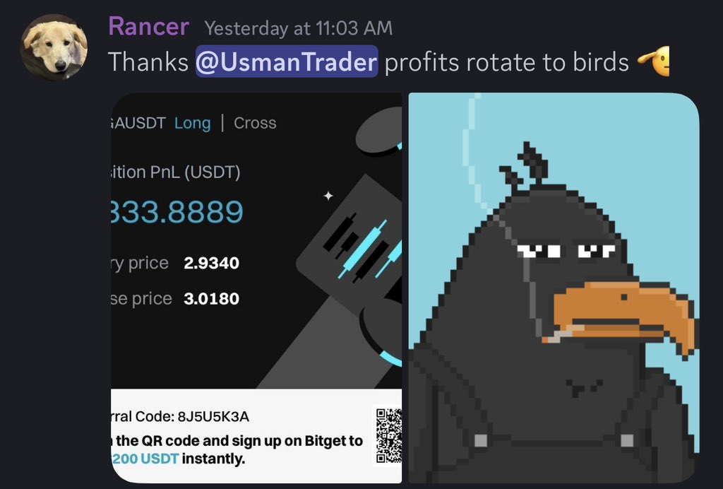 Subscriber joined a week ago for $25.
Subscriber made $333 off 1 signal.
Subscriber bought an Early Birds Genesis NFT and now has lifetime access, reward share and exclusive partnership utilities. 

You can do the same. 🪱 

whop.com/earlybirds

opensea.io/collection/ear…