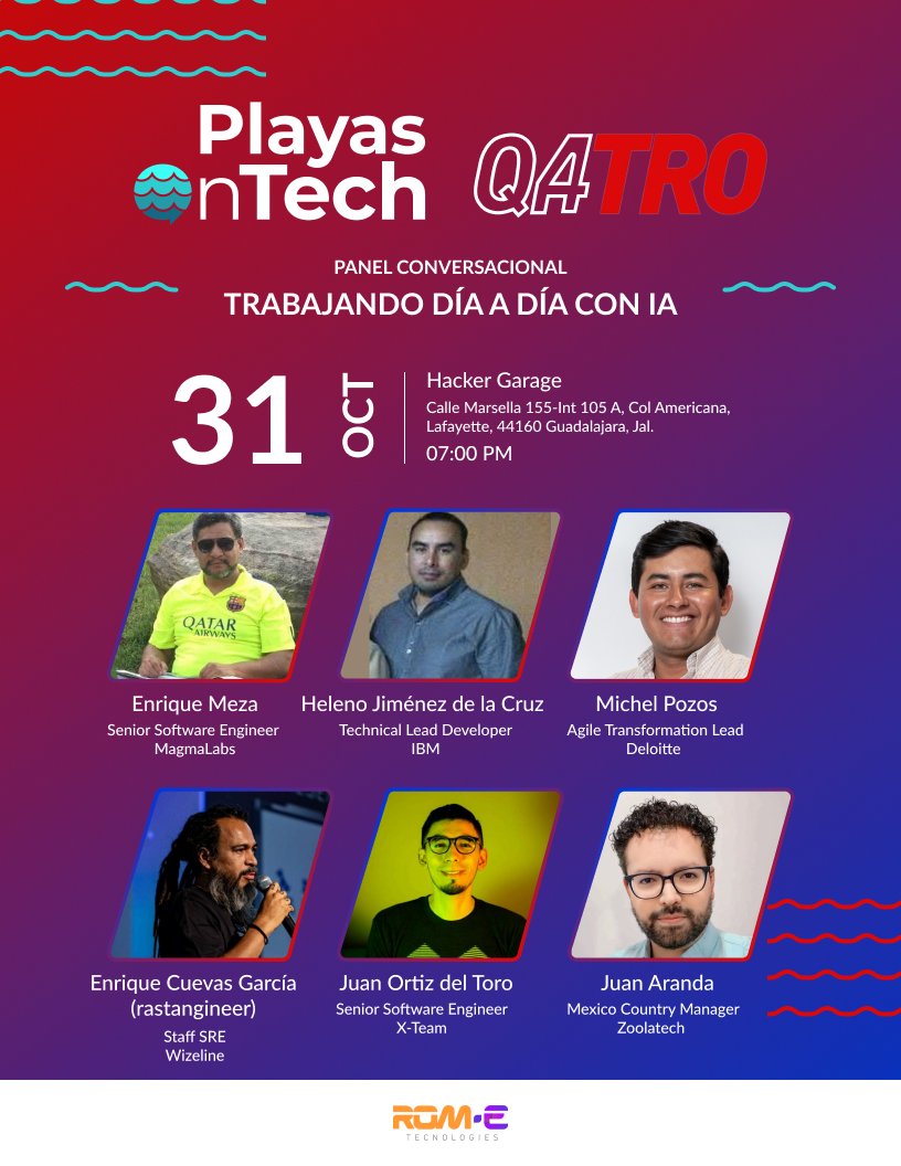 PlayasOnTech's tweet photo. Únete a nosotros el próximo 31 de octubre en Hacker Garage, Guadalajara, para el panel “Trabajando Día a Día con IA,” donde exploraremos el impacto de la inteligencia artificial en el desarrollo y pruebas de software. https://t.co/aCp8ahWZNu