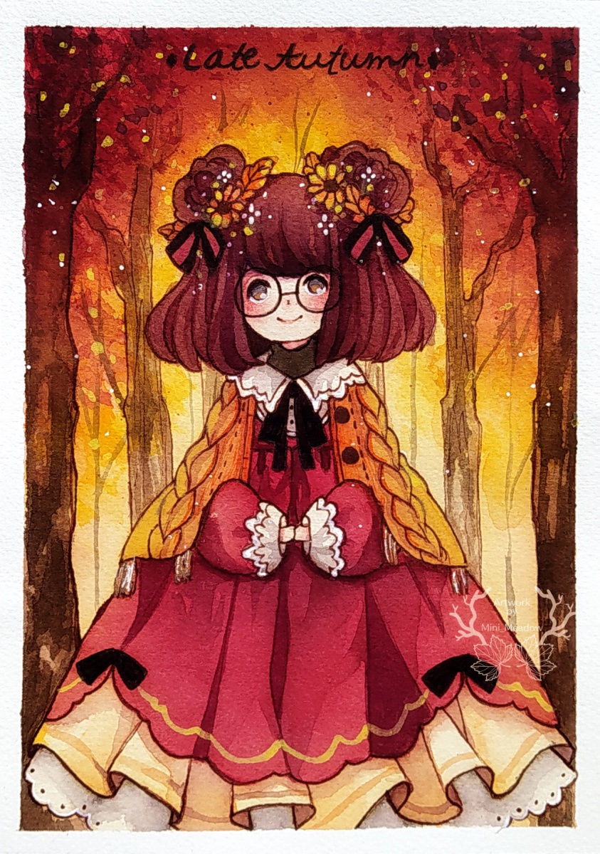 Old artwork i did 2 years ago of my oc's Maru and Maple (with her old hair and eyes)
#Watercolourpainting #watercolour  #autumn