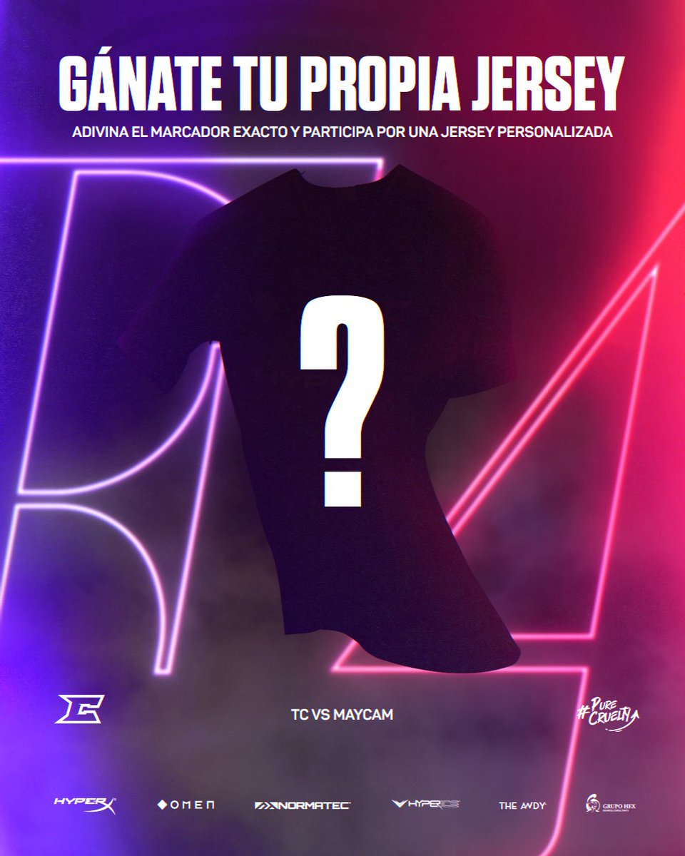 CRUELTY 👿 (@eteamcruelty) on Twitter photo GÁNATE UNA JERSEY PERSONALIZADA. 🤯👕
Buscamos premiarte, adivina el marcador exacto de nuestro encuentro de hoy contra <a href="/MaycamEvolve/">MAYCAM EVOLVE</a>.
Acierta y sé el ganador de una jersey gratis personalizada.
¡Participa ahora! 🚀
#PureCruelty GÁNATE UNA JERSEY PERSONALIZADA. 🤯👕
Buscamos premiarte, adivina el marcador exacto de nuestro encuentro de hoy contra <a href="/MaycamEvolve/">MAYCAM EVOLVE</a>.
Acierta y sé el ganador de una jersey gratis personalizada.
¡Participa ahora! 🚀
#PureCruelty