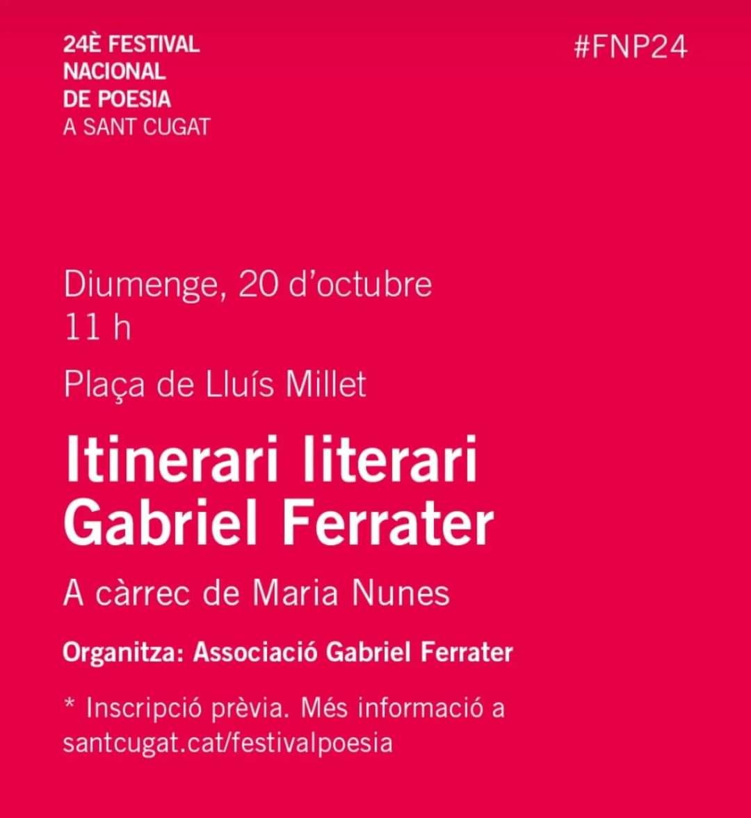 mnunesal's tweet photo. Demà, a les 11h
#ItinerariLiterari
GABRIEL FERRATER a #SantCugat
@FerraterGabriel 
@FNPoesiacat #FNP24 https://t.co/bdNd8clzYr