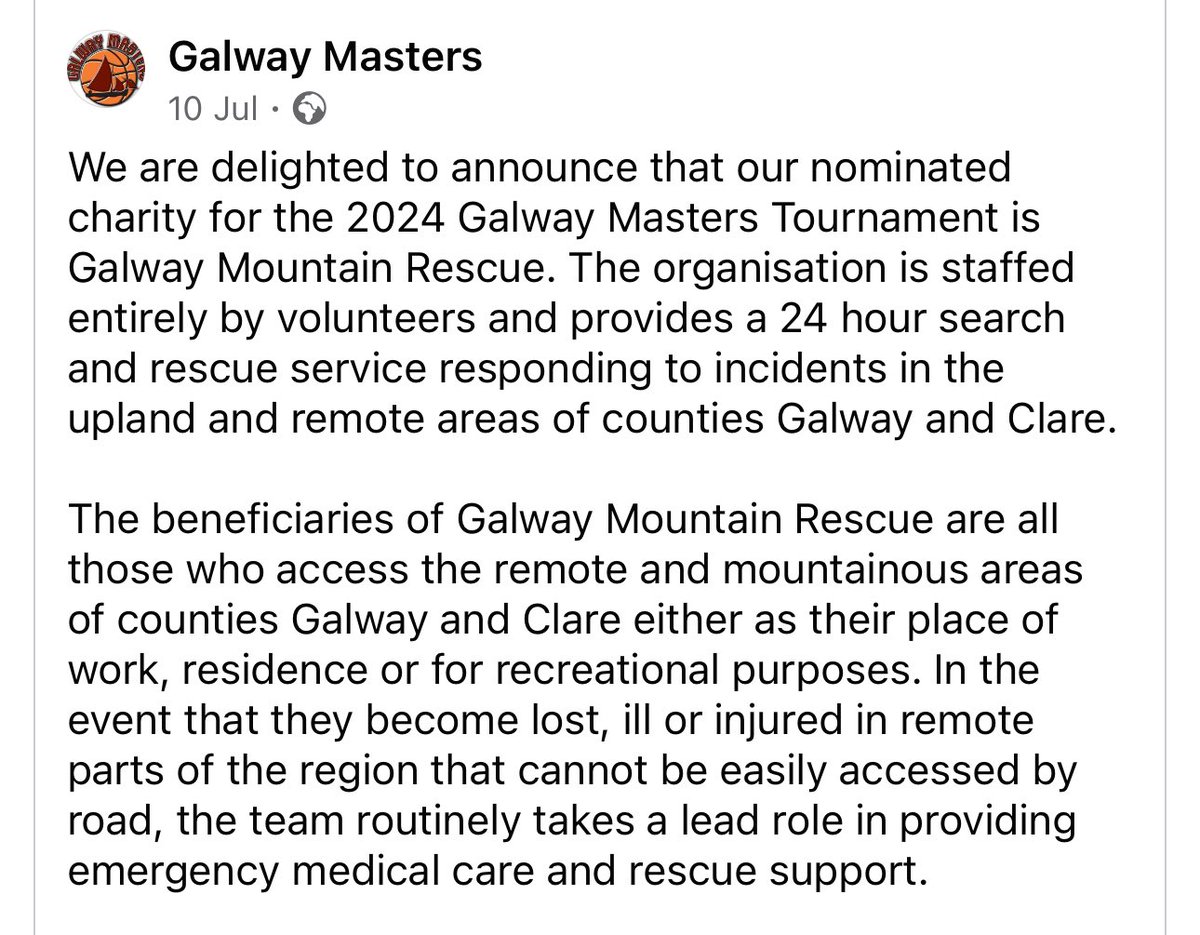 We would like to extend our heartfelt thanks to Galway Masters for choosing us as their nominated charity for 2024!

As a 24-hour voluntary service, we rely entirely on the kindness and support of our community.