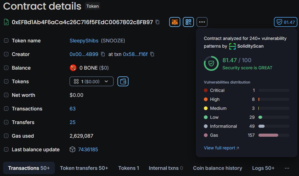 Thanks to Jim from <a href="/ChewySwap/">Chewy</a>...
$SNOOZE has a safe and secure Contract 🔥🚀

#Shibarium is Family ❤️