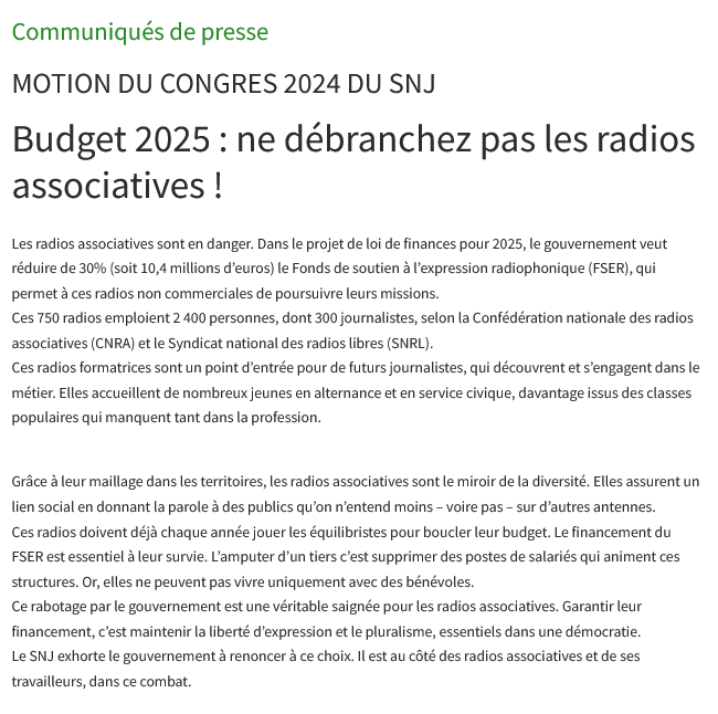 Soutien du <a href="/SNJ_national/">SNJ - premier syndicat de journalistes</a> aux radios associatives, dont les budgets sont menacés par le gouvernement actuel
Une grosse pensée  notamment pour le réseau <a href="/radiocampus/">Radio Campus France - 29 radios</a>