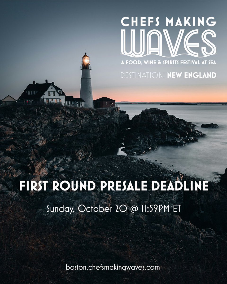✨ Don't miss the boat! Wine and dine with world renowned chefs along the New England coast 🌊 🍁

First round presale deadline is TOMORROW @ 11:59PMET. 

🗓️ Oct 24-28, 2025
📍Boston > Portland, ME > Saint John, NB
🛳️ Norwegian Gem
🔗 boston.chefsmakingwaves.com

#chef #cruise #food