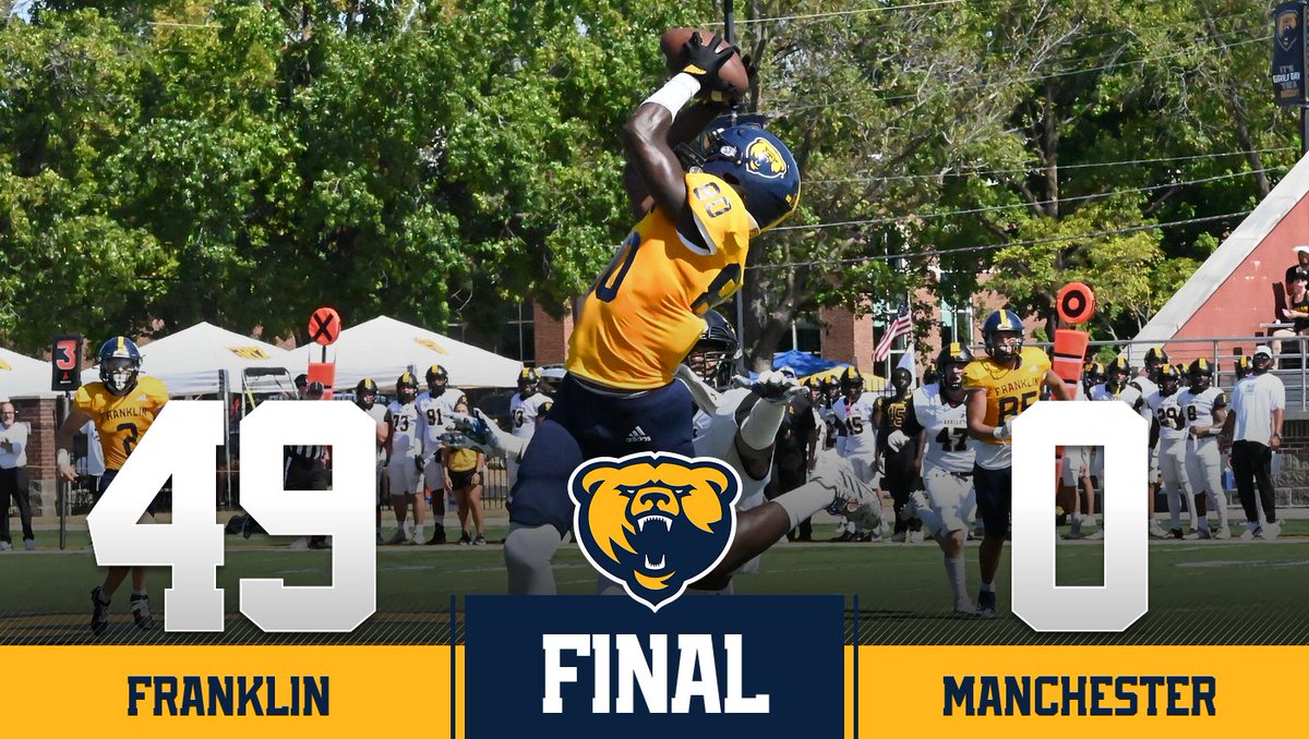 Griz win!

It was all @fcgrizfootball as Franklin claims a shutout at Manchester for their first HCAC win of the year! 4 TDs for Garrett Cora &amp; a smothering defense from #TeamGriz makes it shutouts in back-to-back years against the Spartans! #d3fb