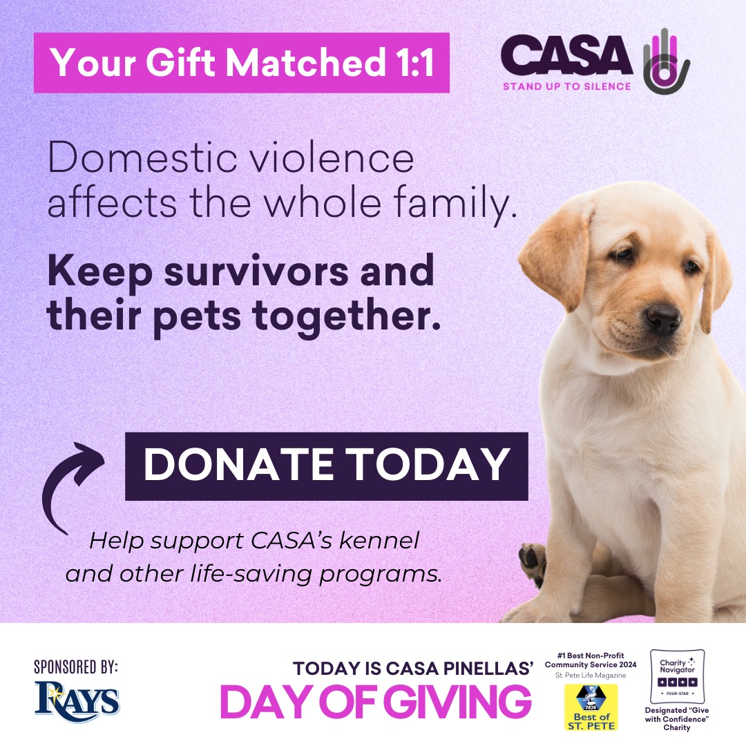 #DidYouKnow CASA Pinellas is in the 17% of emergency shelters nationwide that accept pets? Survivors shouldn't have to leave their animal behind to escape an abusive situation. Today, all donations to #CASA will be matched. Double your impact: casapinellas.org/giveday2024/