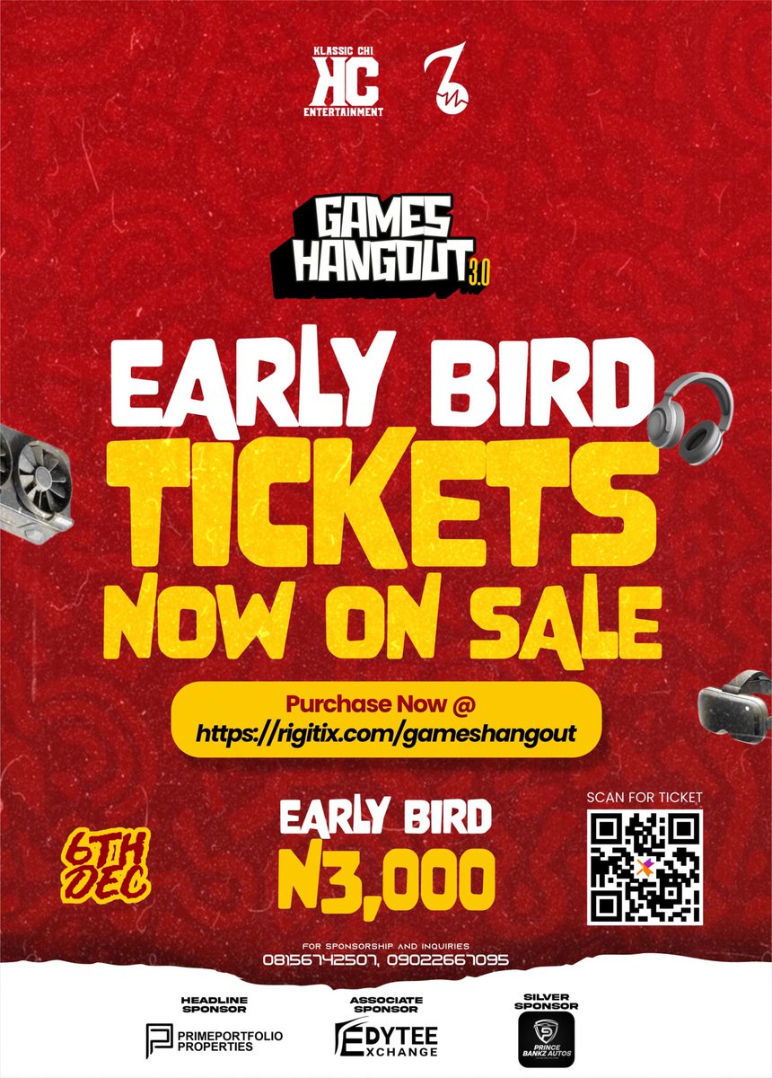 Have you gotten your tickets to GAMES HANGOUT 3?!!

Tickets sales are ongoing. It won't be EARLY BIRD forever.

Scan the QR code in the flyer or visit the link for yours now!!!

#gameshangout3 #AkwaIbomTwitter
