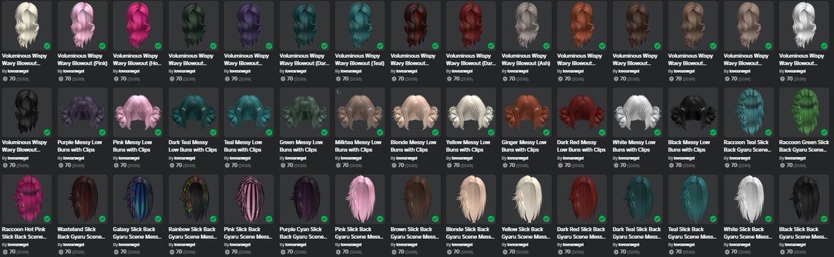 Heres this weekends hair drop @ loveanwgel!
Really happy with all these! 

- 3 new hairs, 45 total including recolors!
Shop here : roblox.com/catalog?Catego…

#robloxdev #robloxart #roblox #robloxugc #robloxclothing #robloxstudio