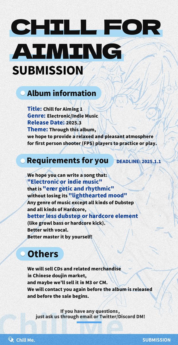 Open Submission

「Chill For Aiming 1」

締切は2025年1月1日
The deadline is 2025.1.1

ご投稿を真摯にお待ちしております。
Sincerely waiting for your submission.