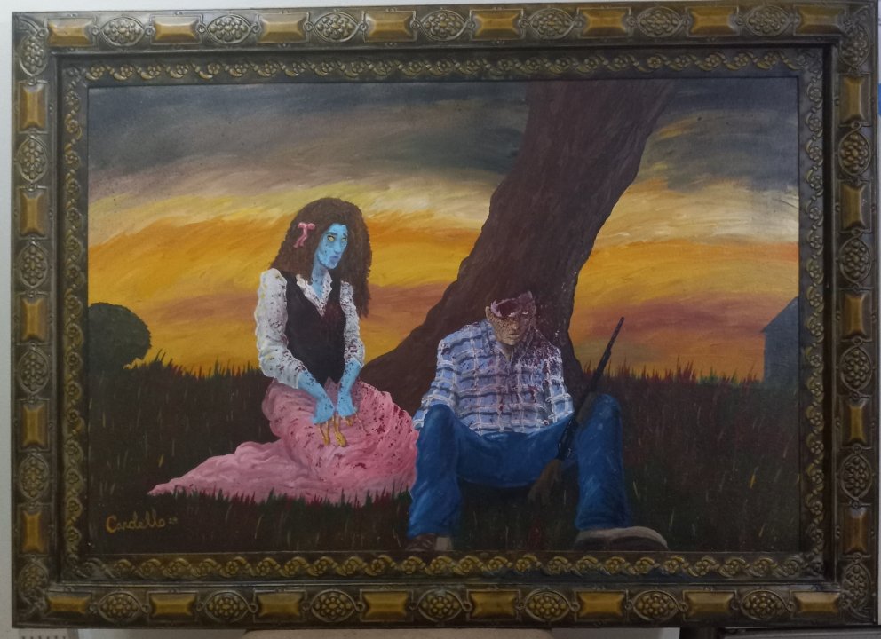 Early Halloween pic. "Jimmy and Della". 2x3 painting. Part of tonight's gallery exhibit in Brooklyn. Some of you might know the O. Henry story that influenced it. 🦇 🎃 🧟‍♀️ ♥ 🧟‍♂️