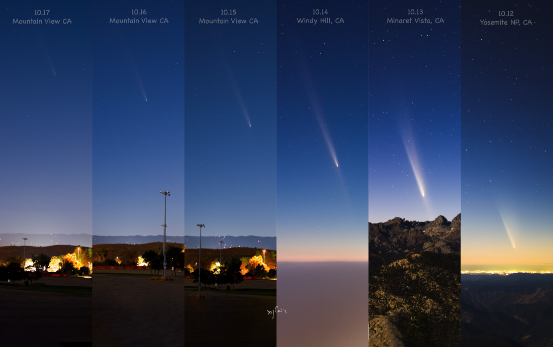 These six panels follow daily apparitions of comet C/2023 A3 Tsuchinshan-ATLAS as it moved away from our fair planet during the past week. The images were taken with the same camera and lens at the indicated dates and locations from California, planet Earth. At far right on