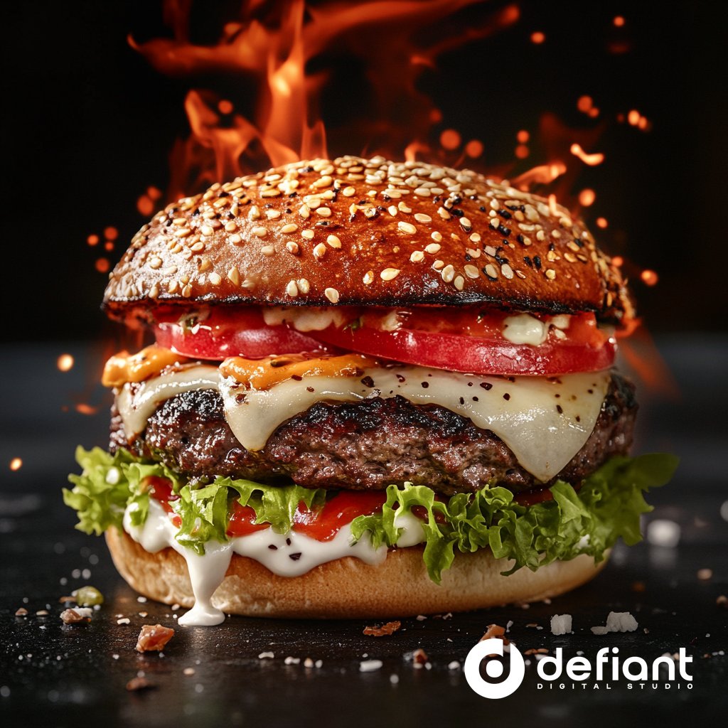 defiantdigitalX's tweet photo. Flaming burger photography.

#foodphotography #foodpic #aiart #aiartist #midjourneyartists #hybridart https://t.co/Hv2Cl8Un0D