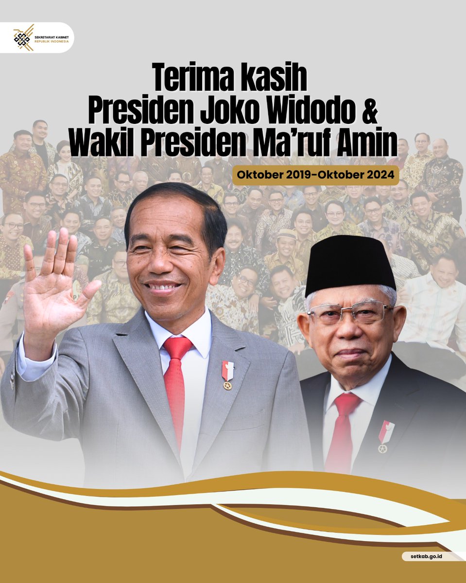 Terima kasih Presiden <a href="/jokowi/">Joko Widodo</a> dan Wakil Presiden <a href="/Kiyai_MarufAmin/">KH. Ma'ruf Amin</a> atas dedikasi dan pengabdian selama periode 2019-2024.

#GrafiKabinet