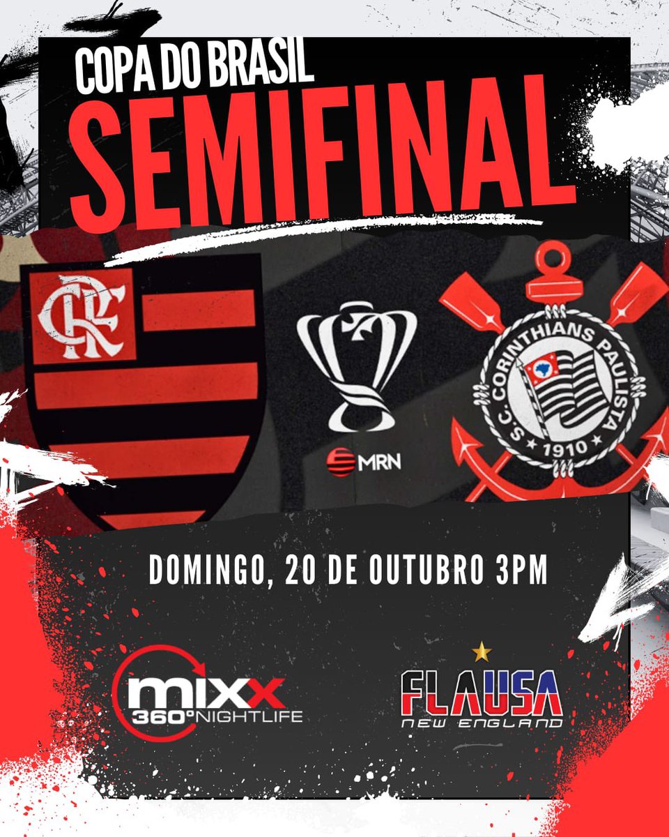 🔥 Nação Rubro-Negra! Amanhã é semifinal! Corinthians vs Flamengo, 3:00 PM, e a FLA USA NEW ENGLAND te espera no Mix 360! Juntos, vamos empurrar o Mengão rumo à final! ⚫🔴 #VamosFlamengo #FLAUSANEWENGLAND #RumoÀFinal #Mix360