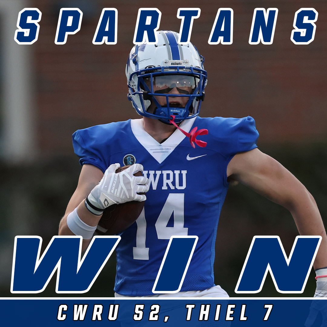 Final Score:
CWRU Football (6-0) def. Thiel (1-5), 52-7

CWRU moves into sole possession of 1st in the PAC!

Fromberg: 13-17, 243 yds, 4 TDs
Coyne: 5 rec., 87 yds, 3 TDs
CWRU D: 72 yds allowed, 16 TFL
Tong: 7 tkls, 1 sk
Roth: 6 tkl, 1 INT, 1 sk, 2 TFL

#CWRU #BlueCWRU #d3fb