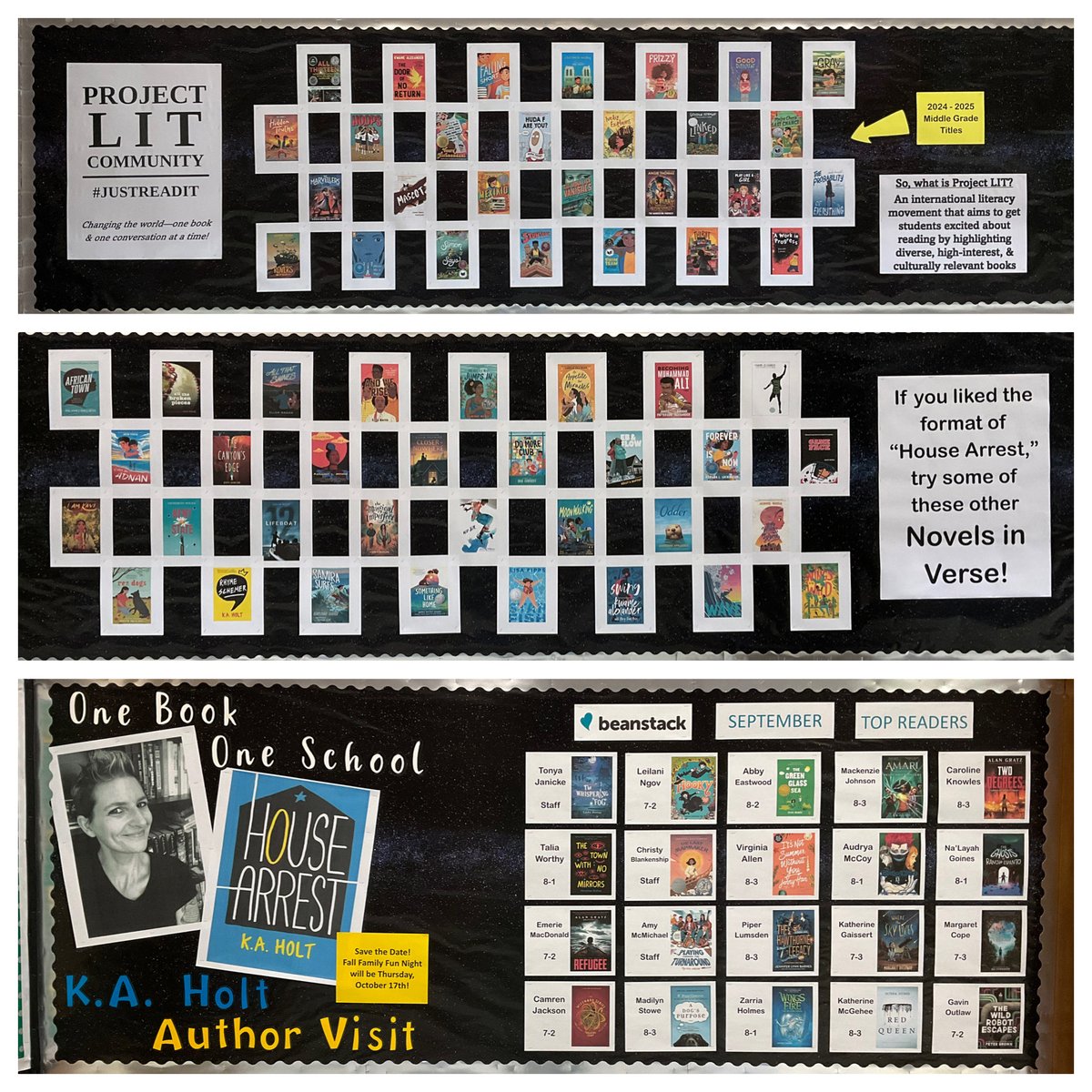 DCMSMediaCenter's tweet image. Bulletin boards outside the Media Center were recently updated to include the 24-25 middle grade @ProjectLITComm titles, a variety of #NovelsInVerse in honor of #HouseArrest, & #TopReaders from our #Beanstack Read-A-Thon! @DutchmanCreekMS @karianneholt @zoobeanreads #JustReadIt